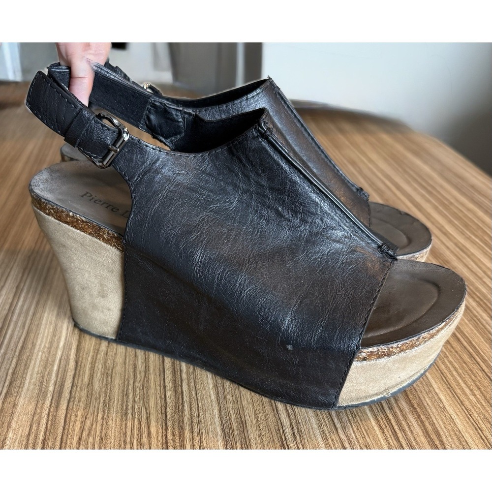 Pierre Dumas Black Hester Wedge Heel Leather Slingback Sandals Women's Size 7.5